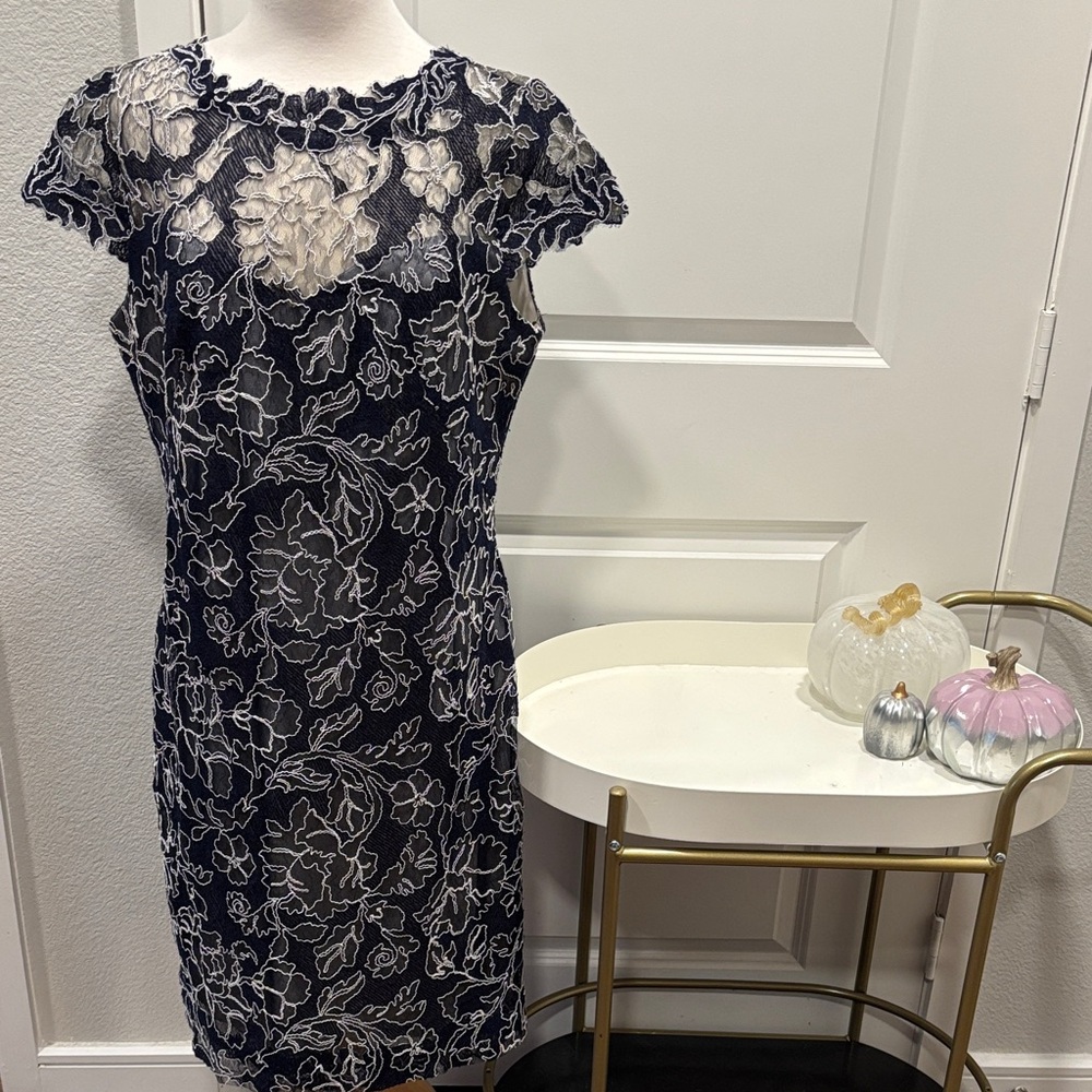 EUC Chic Floral Lace Dress in Navy and White